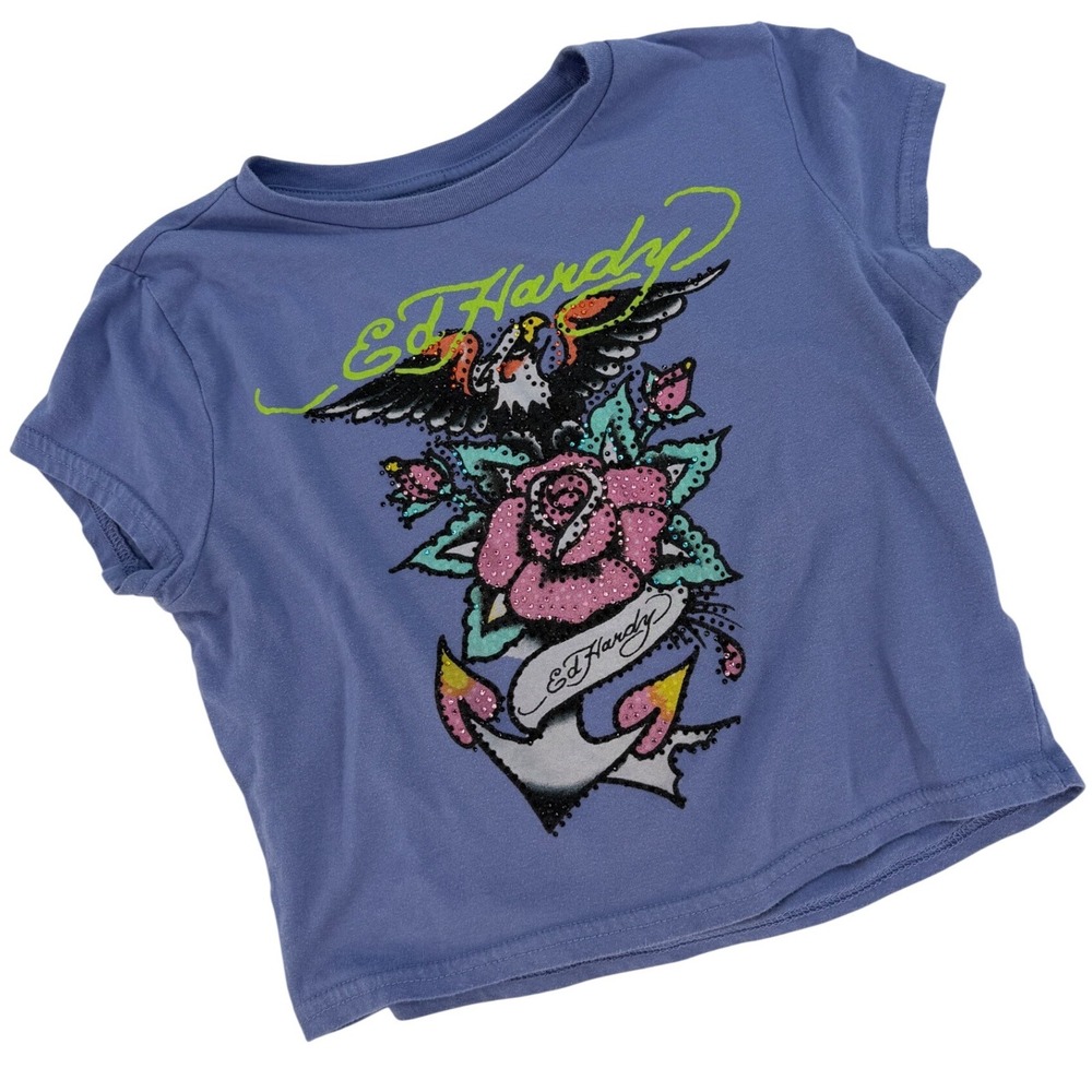Ed Hardy Crop Top Y2K Rhinestone Graphic Tee Purple Baby Tee Women's‎ Medium